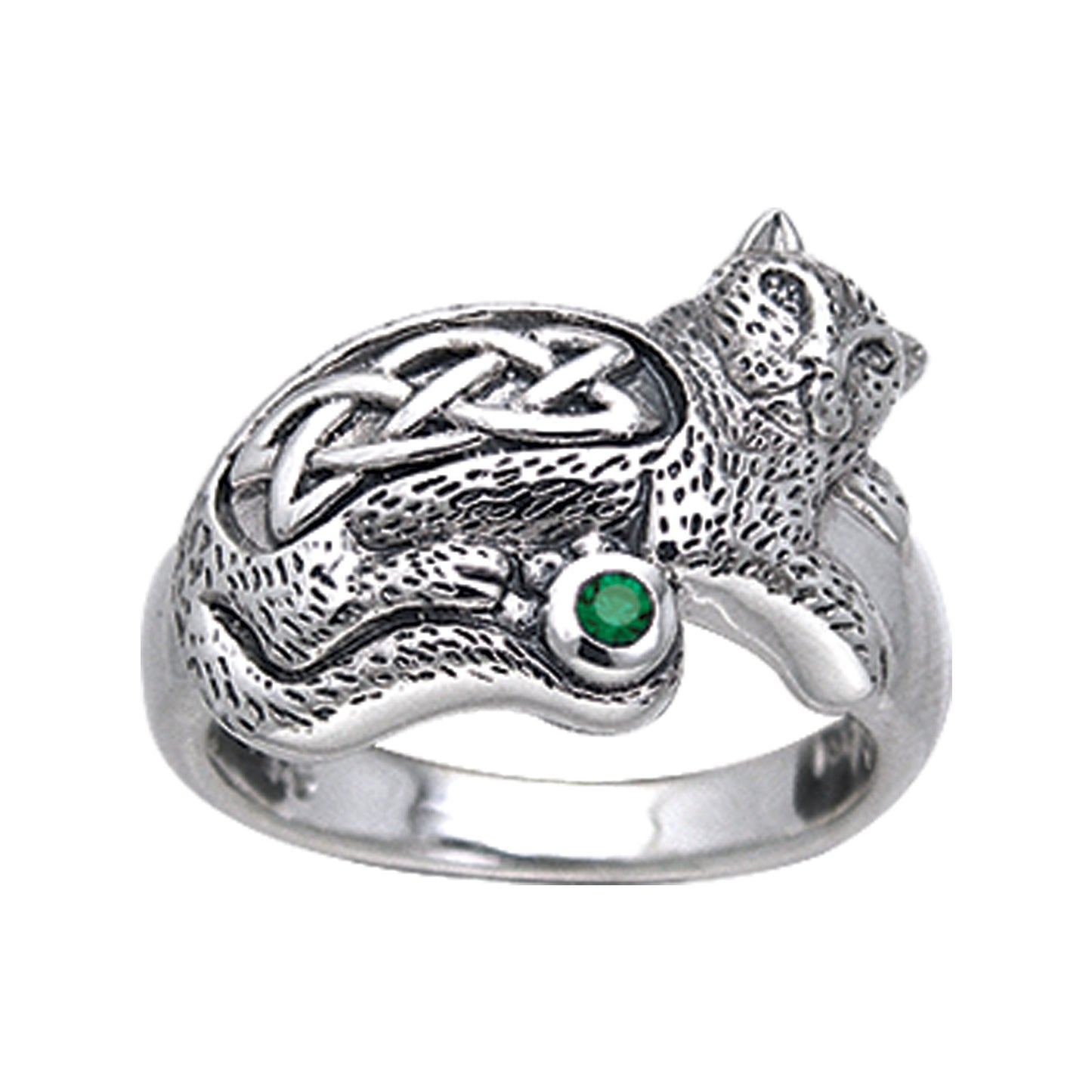 Sterling Silver Celtic Knot Green Glass Cat Ring - Silver Insanity