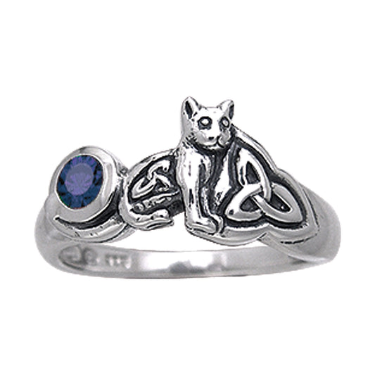 Sterling Silver Celtic Knotwork Synthetic Sapphire Cat Kitten Ring - Silver Insanity