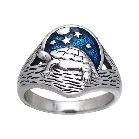 Sterling Silver Sea Turtle Beach at Night Scene Moon Stars Ring - Silver Insanity