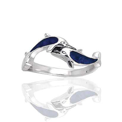 Deep Blue Paua Shell Double Dolphin Sterling Silver Ring - Silver Insanity