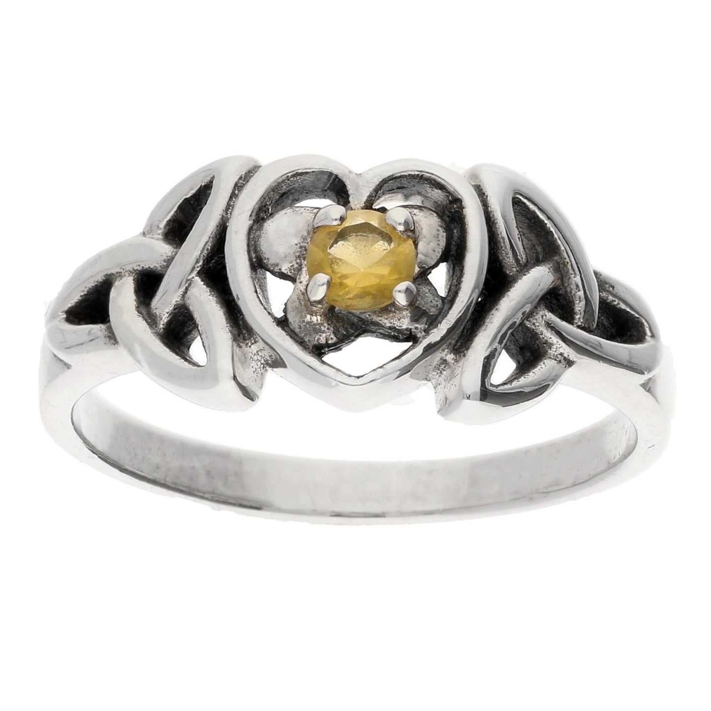 November Ring - Sterling Silver Citrine Celtic Trinity Knot Heart