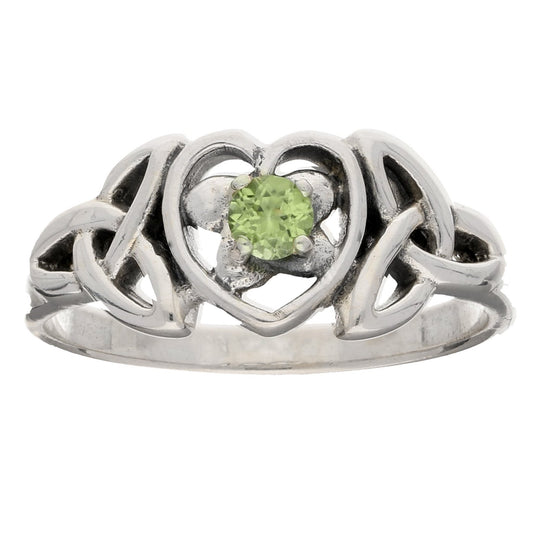 August Birthstone Ring - Sterling Silver Peridot Celtic Trinity Knot