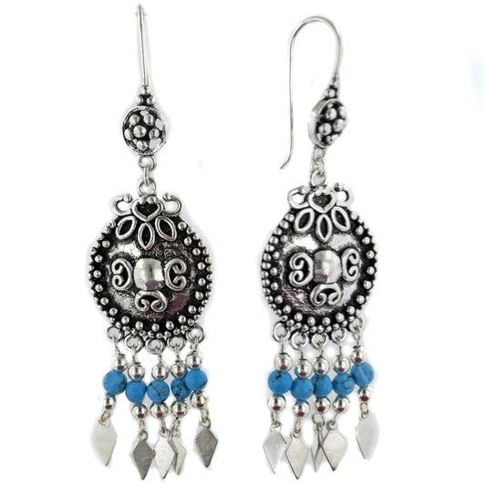 Long Vintage Style Sterling Silver Earrings with Dangling Turquoise Beads - Silver Insanity