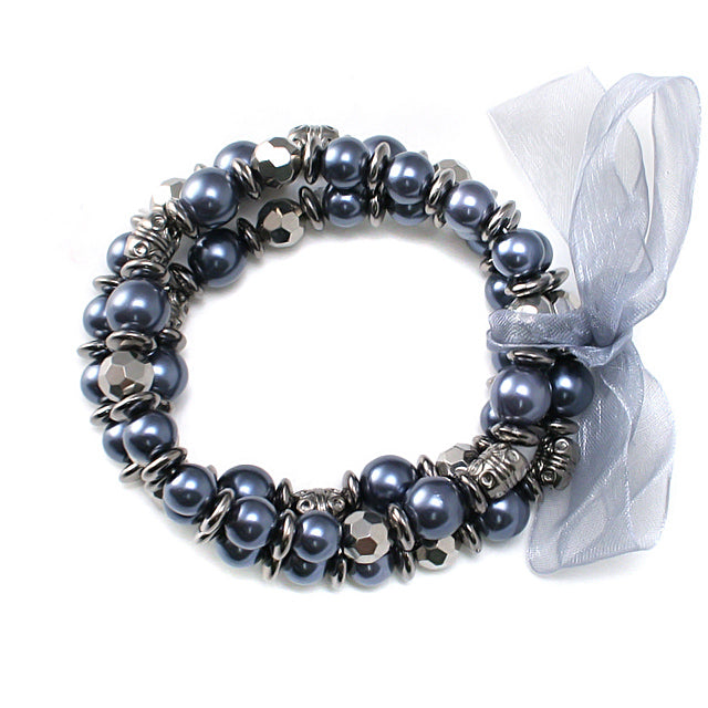 Dreamy Grey Classic Pearl Friendship Stretch Bracelet Set of 3 - Silver Insanity