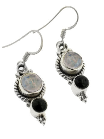 Sterling Silver Black Onyx Rainbow Moonstone Earrings - Silver Insanity