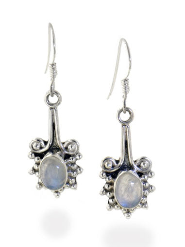 Sterling Silver Victorian Style Genuine Rainbow Moonstone Earrings - Silver Insanity