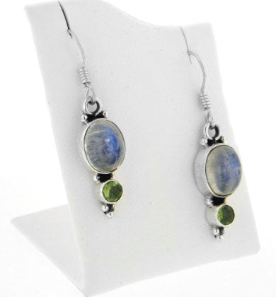 Genuine Rainbow Moonstone and Green Peridot Sterling Silver Earrings - Silver Insanity