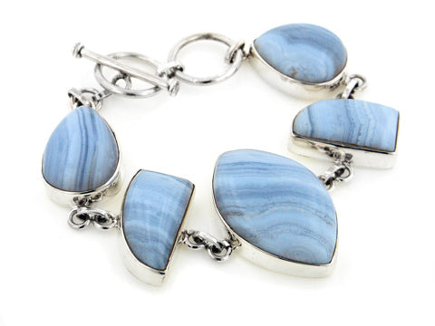 Heavy Sterling Silver Genuine Blue Lace Agate Gemstone 7" Toggle Bracelet - Silver Insanity