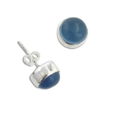 Sterling Silver Round Genuine Blue Chalcedony Stud Post Earrings - Silver Insanity