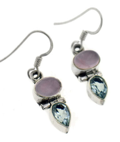 Genuine Blue Topaz and Rose Quartz Sterling Silver Hook Earrings - Silver Insanity