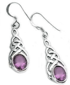 Sterling Silver Celtic Knot Simulated Amethyst Drop Hook Earrings - Silver Insanity