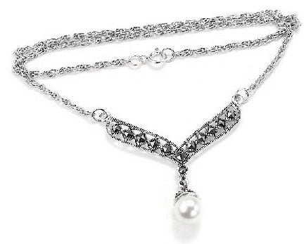 Sterling Silver Marcasite and Simulated Pearl Drop Necklace - Silver Insanity
