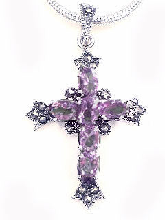 Sterling Silver Purple Glass and Marcasite Cross Pendant - Silver Insanity