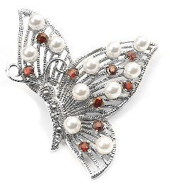 Sterling Silver Butterfly Pin Brooch w/ Red Glass and Simulated Pearl - Silver Insanity