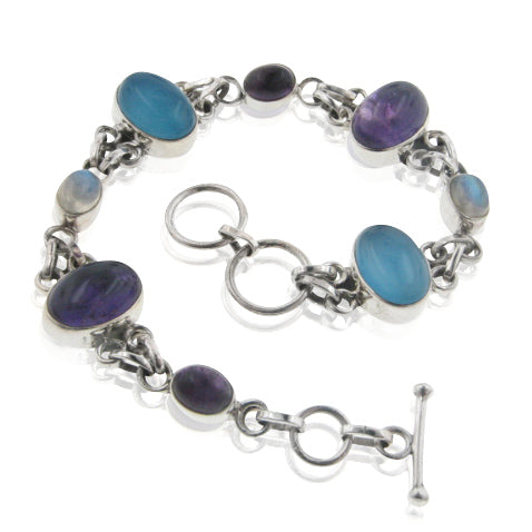Sterling Silver 8" Amethyst, Rainbow Moonstone, Blue Chalcedony Toggle Bracelet - Silver Insanity