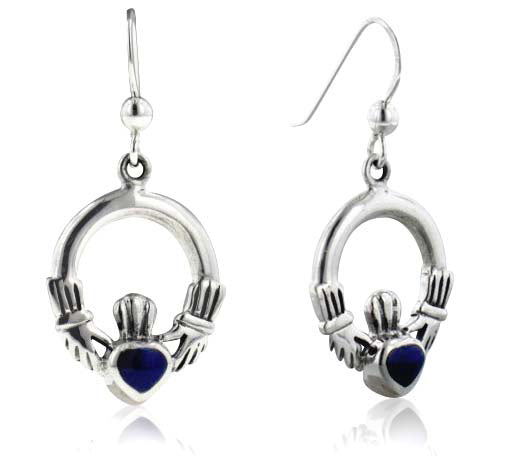 Irish Celtic Claddagh Hearts with Blue Stone Inlay Sterling Silver Hook Earrings - Silver Insanity