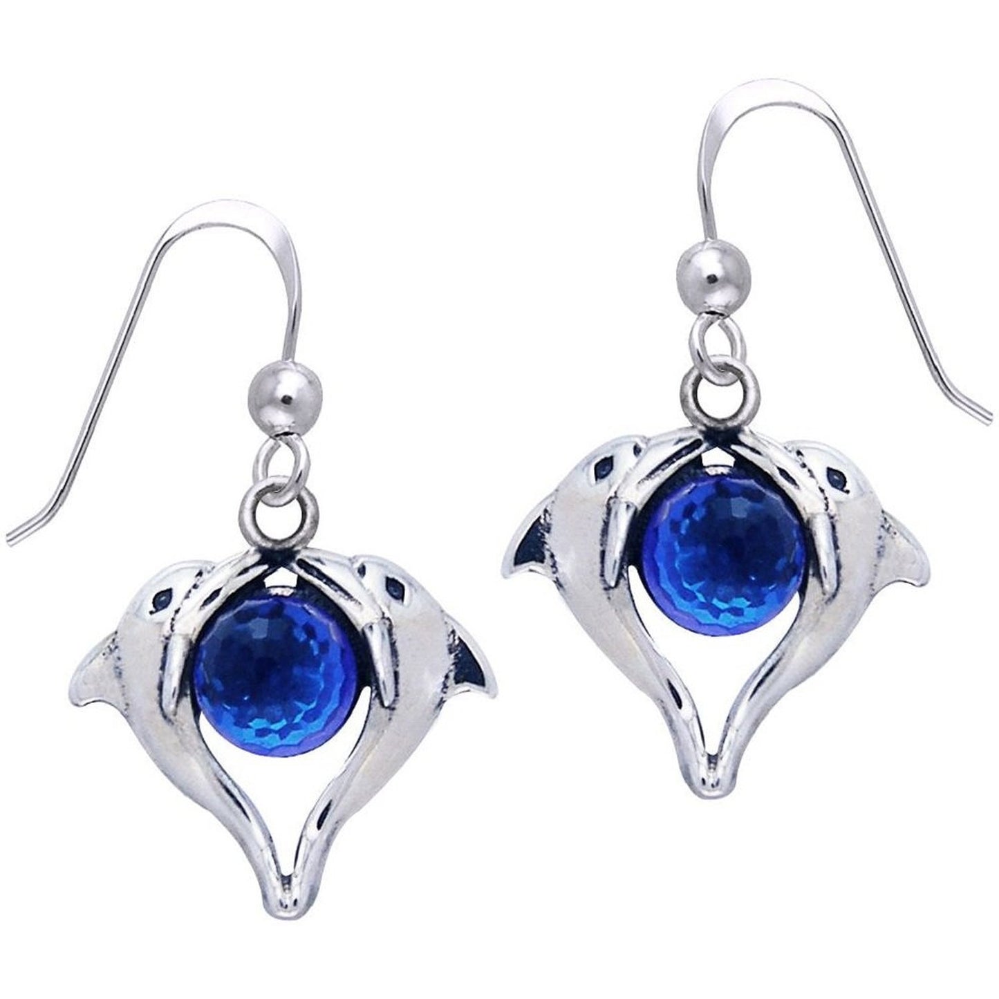 Heart Shaped Double Dolphin on Bermuda Blue Crystal Sterling Silver Hook Earrings - Silver Insanity