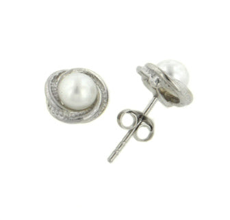 Platinum over Sterling Silver Swirl Genuine Freshwater Pearl Post Stud Earrings - Silver Insanity