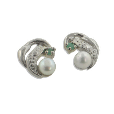 Small Studs Emerald and Pearl Sterling Silver Earrings - Silver Insanity