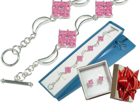 Sterling Silver Pink Ice Moon Bracelet and Earrings Set - Silver Insanity