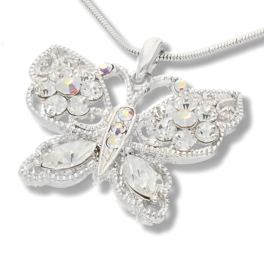 Butterfly AB Crystals White Gold Plated Pendant 16" Necklace - Silver Insanity