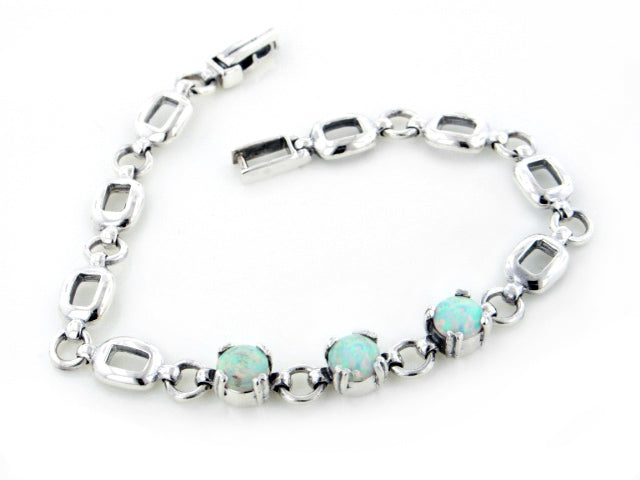 Sterling Silver 3-Stone Created White Opal Link Bracelet 7" - Silver Insanity