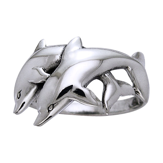 Sterling Silver Playing Twin Dolphins Ocean Nautical Ring - Silver Insanity